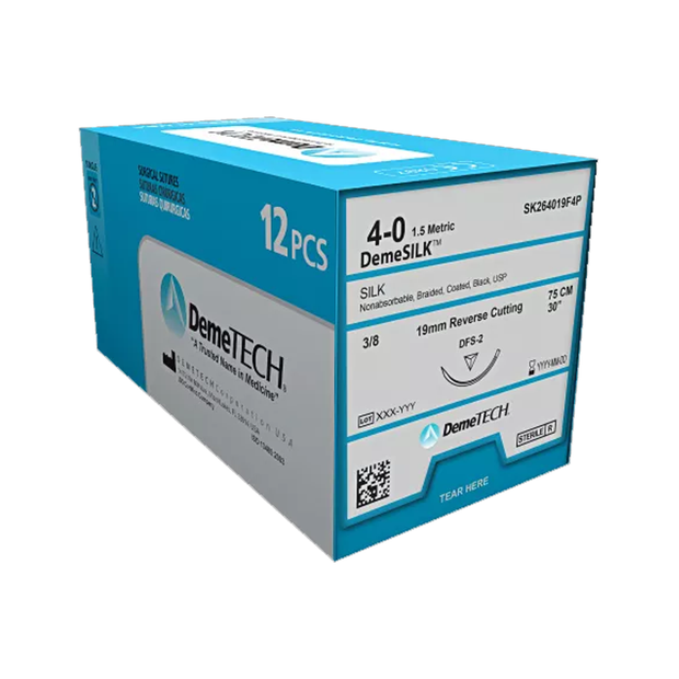 DemeSILK Sterile Silk Suture: 4/0 Reversecutting - 3/8 19mm - 75cm (12)